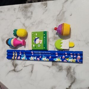 3 Blue bear pencils with erasers all New